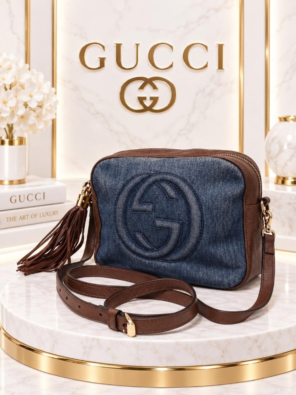 Authentic Gucci Soho Disco Denim Crossbody Bag Blue Leather Tassel GG Logo